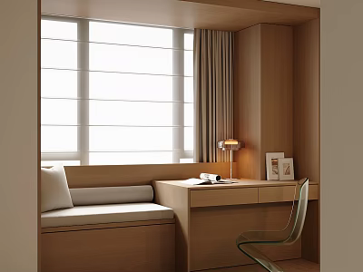 Modern Bay Window Cabinet Design With Wooden Desk Chair Cushion And Lamp 3d model
