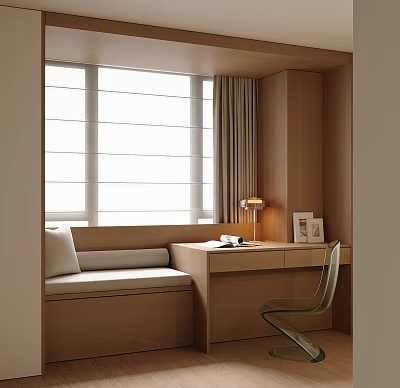 Modern Bay Window Cabinet Design With Wooden Desk Chair Cushion And Lamp 3d model