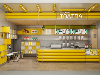 Bright Yellow Milk Tea Shop Interior With Counter Menu Board And Seating 3d model