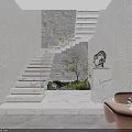 Office Corridor Interior Design With Marble Staircase Minimalist Walls Chandelier Green Plants And Sofa