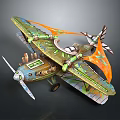 Cosmic Aerospace Themed Vintage Biplane With Green Orange Accents And Futuristic Design