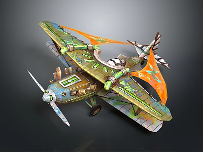 Cosmic Aerospace Themed Vintage Biplane With Green Orange Accents And Futuristic Design 3d model
