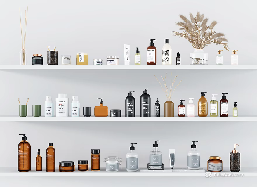 Stylish Perfume And Cosmetics Shelf Display With Glass Bottles And Decorative Plants 3d model 