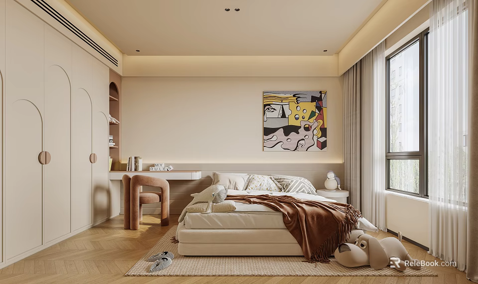 Kids Room Interior With Cozy Bed Soft Blanket Rugs Stuffed Toys And Wall Art 3d model 