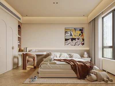 Kids Room Interior With Cozy Bed Soft Blanket Rugs Stuffed Toys And Wall Art 3d model