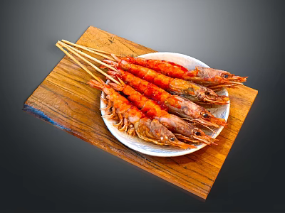 Fresh Grilled Shrimp Skewers on White Plate Over Wooden Cutting Board 3d model