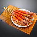 Fresh Grilled Shrimp Skewers on White Plate Over Wooden Cutting Board
