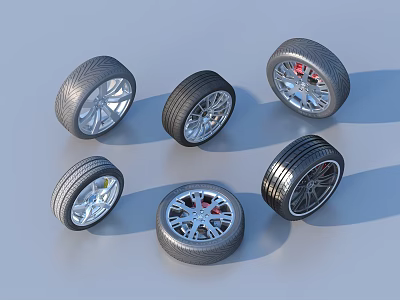 Car Tires With Various Alloy Wheels And Different Design Styles 3d model