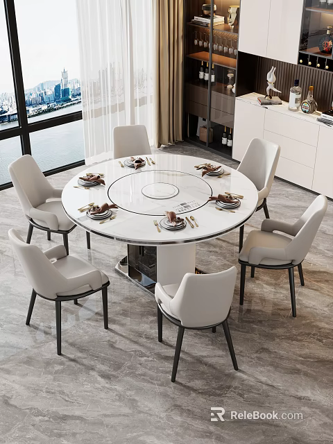 Modern Round Dining Table Set With White Tabletop Six Light Colored Chairs And Black Legs 3d model 