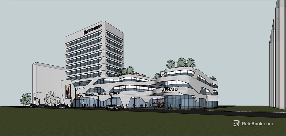 Modern Commercial Complex With Glass Facades Rooftop Greenery And ANSAID Signage 3d model 