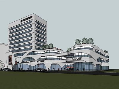 Modern Commercial Complex With Glass Facades Rooftop Greenery And ANSAID Signage 3d model