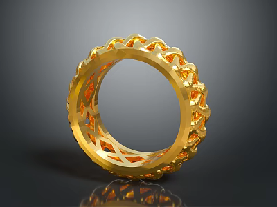 Shiny Gold Circular Ring Featuring Intricate Hollow Design On Gray Background With Reflection 3d model