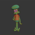 Turquoise 3D Cartoon Character With Orange Shirt Red Eyes And Long Limbs