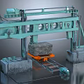 Industrial Stone Cutting Machine Featuring Green Frame Orange Platform And Stone Block 3d model