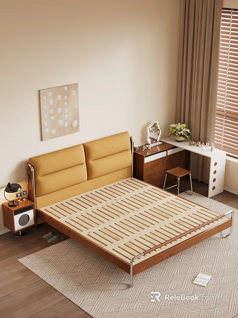 Double Bed With Yellow Upholstered Headboard Wooden Slat Mattress Nightstand Lamp Desk Mirror Decor 3d model 