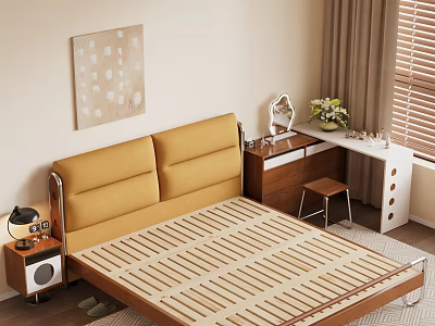 Double Bed With Yellow Upholstered Headboard Wooden Slat Mattress Nightstand Lamp Desk Mirror Decor 3d model