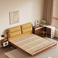 Double Bed With Yellow Upholstered Headboard Wooden Slat Mattress Nightstand Lamp Desk Mirror Decor