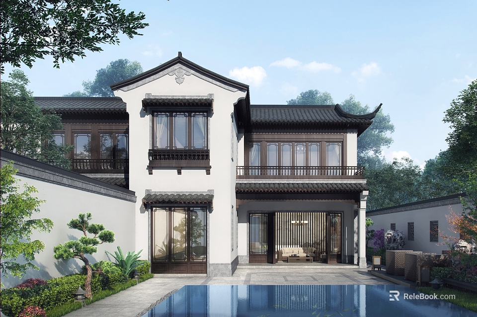 Traditional Chinese Style Detached Villa With Courtyard Swimming Pool And Overhanging Eaves 3d model 