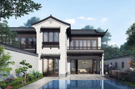 New Chinese Style Single Family Villa Pension Villa Courtyard 3d model