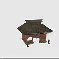 Traditional Japanese Shrine Building With Thatched Roof Red Wooden Structure And Stone Lanterns