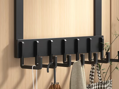 Black Wall Mounted Coat Hooks With Multiple Hangers For Clothes And Bags On Wooden Wall 3d model