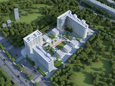 Modern Office Buildings Complex With Central Courtyard Surrounded By Lush Trees 3d model