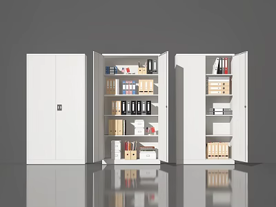 White Filing Cabinets With Open And Closed Doors Holding Office Supplies 3d model
