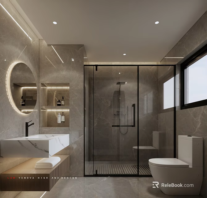 Modern Bathroom Interior Design With Gray Marble Walls Round Mirror White Sink And Glass Shower 3d model 