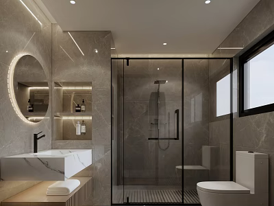 Modern Bathroom Interior Design With Gray Marble Walls Round Mirror White Sink And Glass Shower 3d model