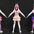 Three Stylish Game Movie Characters with Cat Ears Pink Hair and Colorful Dresses Stockings