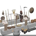Vintage Garden Tools And Accessories Display On Shelf With Baskets Clay Pots And Rakes