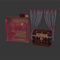 Wooden Bookshelf With Books And Decorative Items Blue Curtains And Vintage Trunk