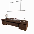 Dark Wooden Office Desk With Spacious Desktop Table Lamp And Laptop