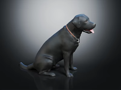 Black Dog Sitting With Tongue Out Wearing Brown Collar And Silver Pendant Against Dark Background 3d model