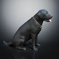 Black Dog Sitting With Tongue Out Wearing Brown Collar And Silver Pendant Against Dark Background