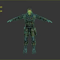 Man in tactical armor outfit with arms outstretched and blue boots against grey gradient background