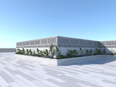 Outdoor Terrace With White Square Tiles Flower Bed Green Plants And Decorative Wall 3d model