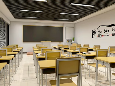 School Classroom Interior With Blackboard Desks Chairs Ceiling Lights And Inspirational Wall Decor 3d model
