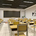 School Classroom Interior With Blackboard Desks Chairs Ceiling Lights And Inspirational Wall Decor