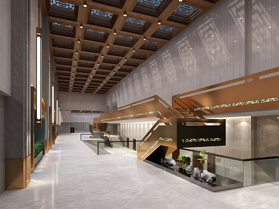 Luxurious Lobby Reception Desk With Wooden Ceiling Staircase And Decorative Walls 3d model