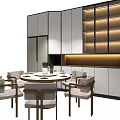 Modern Round Dining Table Set with Six Light Colored Chairs and Illuminated Cabinets 3d model