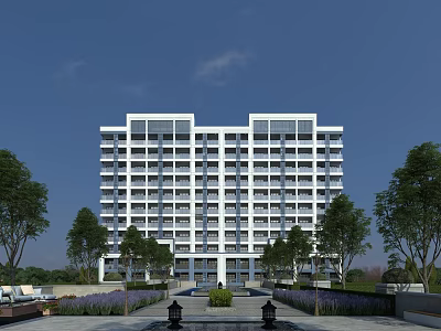 Modern High Rise Residential Building Exterior With Landscaped Gardens Trees And Lawns 3d model