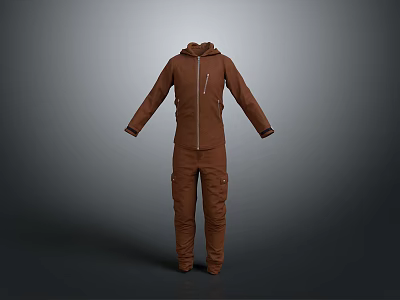 Durable Brown Hooded Onesie Workwear With Zipper And Functional Pockets 3d model