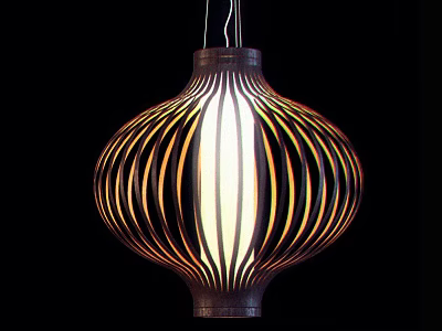 Elegant Modern Wooden Striped Lantern Shaped Pendant Light With Illuminated Center 3d model