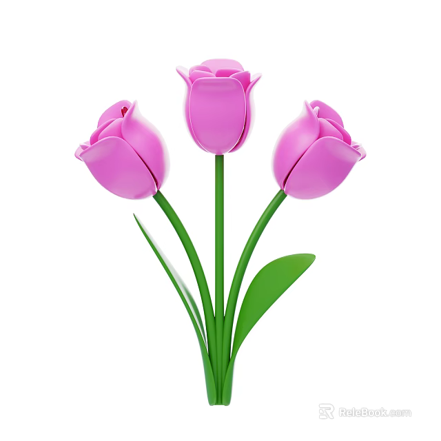 Three Pink Tulips With Green Stems And Leaves On White Background 3d model 