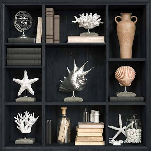 Decorative Ornament Set with Globe Starfish Shell Coral Vase and Books on Black Shelf 3d model 