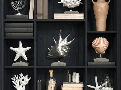 Decorative Ornament Set with Globe Starfish Shell Coral Vase and Books on Black Shelf 3d model