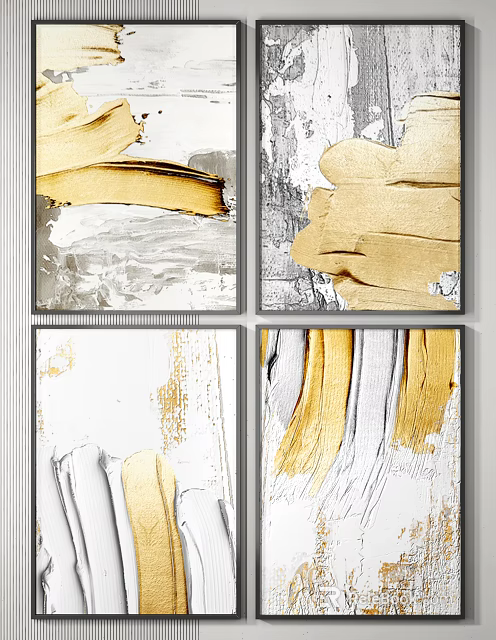 Abstract Paintings With Gold White Gray Brushstroke Texture Four Panel Set 3d model