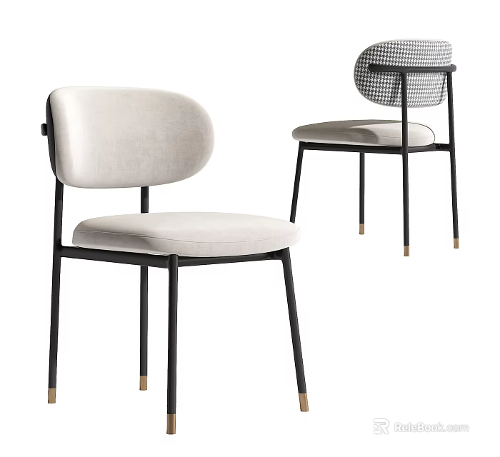 Modern Dining Chairs Beige Upholstered Seat Rounded Backrest Black Metal Frame Brass Legs 3d model 