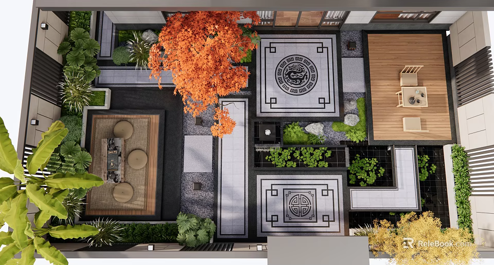 Traditional Chinese Courtyard Garden With Geometric Stone Patterns Colorful Trees And Symmetrical Layout 3d model 